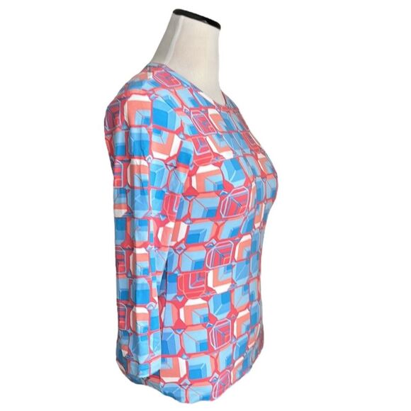J.McLaughlin Catalina Cloth 3/4 Sleeve Geometric Print Coral Blue Top Size M - Picture 5 of 11